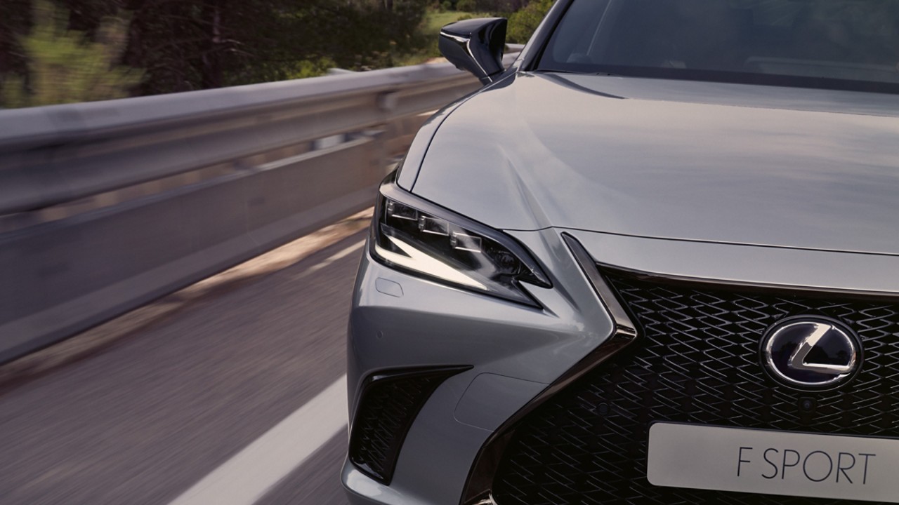 Close-up of the LED headlights on the Lexus ES F Sport